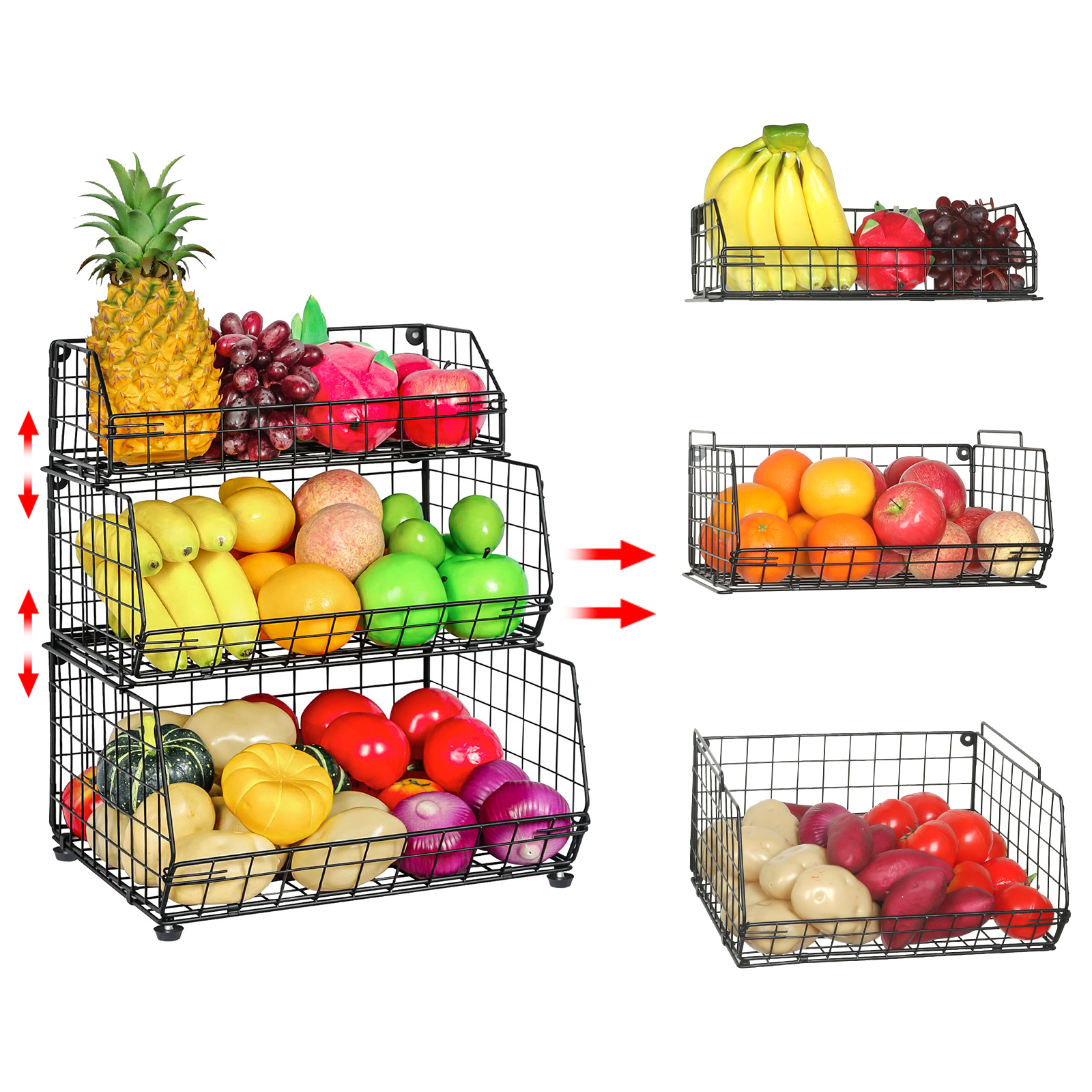 3-Tier Stackable Fruit Bowl Wall-mounted & Countertop Wire Storage Detachable Storage Baskets With Adjustable Feet