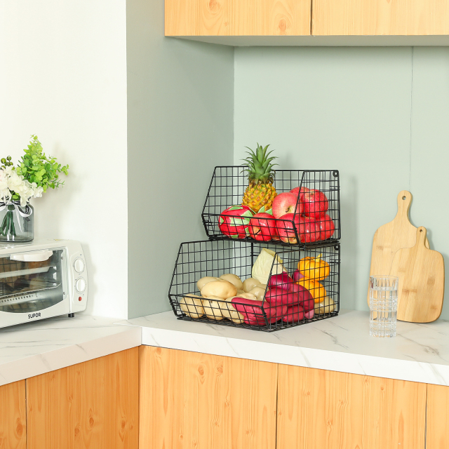2-Tier Wall-mounted & Countertop Tiered Baskets for Fruit Veggies Produce Snack Canned Foods, Black,Extra Large