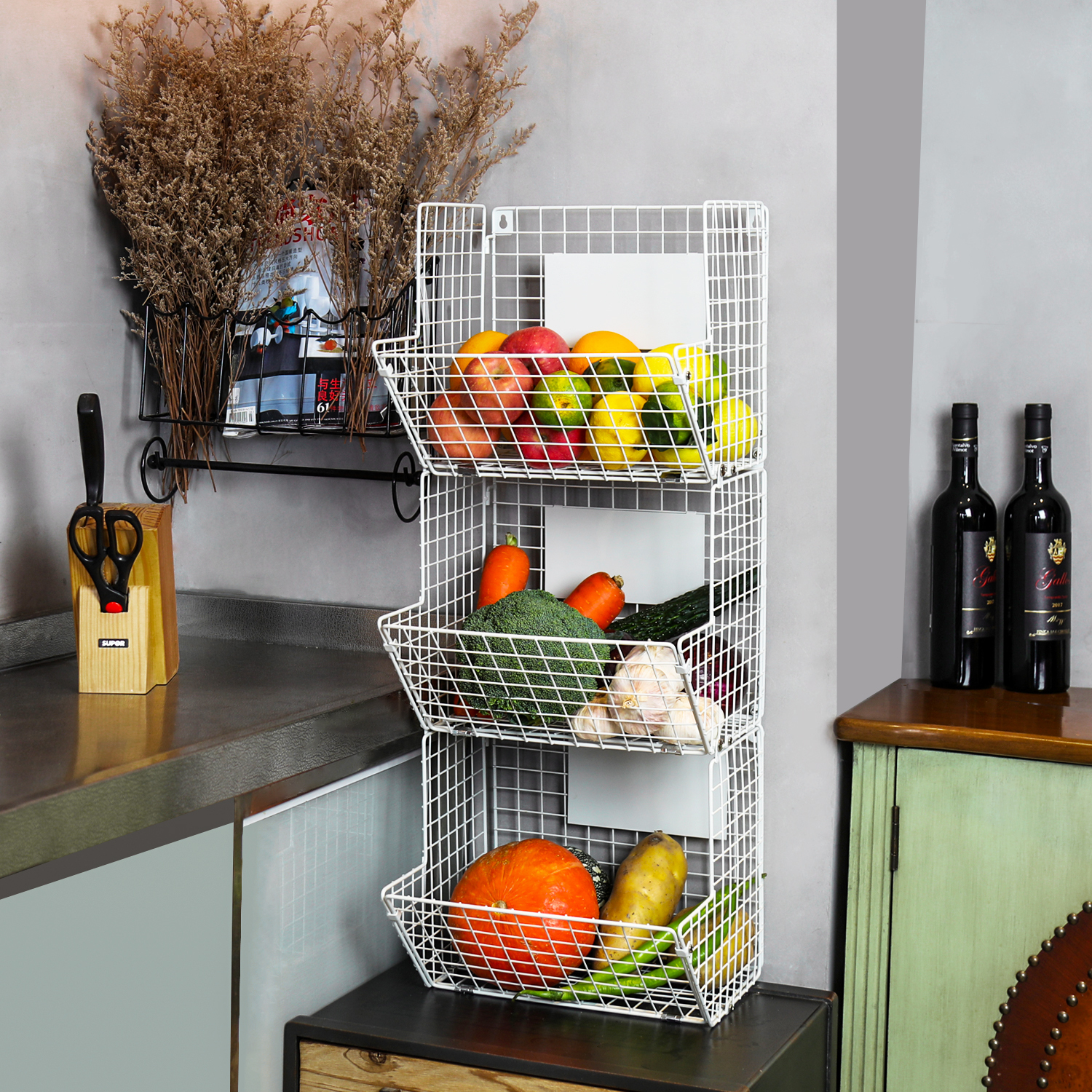 3 Tier Wall Storage Basket Organizer with Hanging Hooks Chalkboards, Rustic Kitchen Fruit Produce Bin Rack Bathroom Tower Baskets (white)