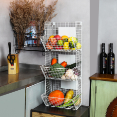 3 Tier Wall Storage Basket Organizer with Hanging Hooks Chalkboards, Rustic Kitchen Fruit Produce Bin Rack Bathroom Tower Baskets (white)