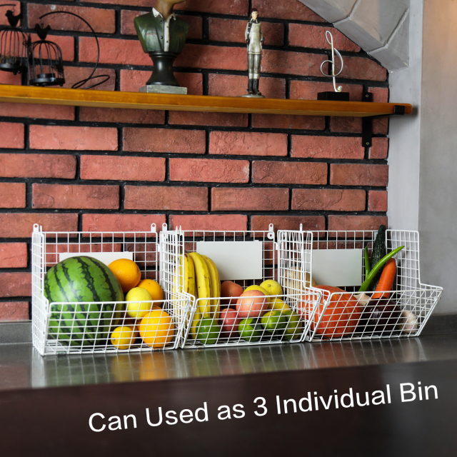 3 Tier Wall Storage Basket Organizer with Hanging Hooks Chalkboards, Rustic Kitchen Fruit Produce Bin Rack Bathroom Tower Baskets (white)