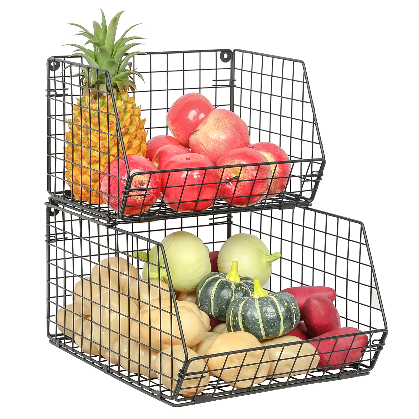 2-Tier Wall-mounted & Countertop Tiered Baskets for Fruit Veggies Produce Snack Canned Foods, Black,Extra Large