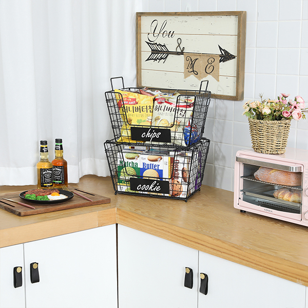 2 Stackable Wire Storage Baskets with Wood Lid and Chalkboards - Kitchen Countertop Organizer for Fruit Vegetable