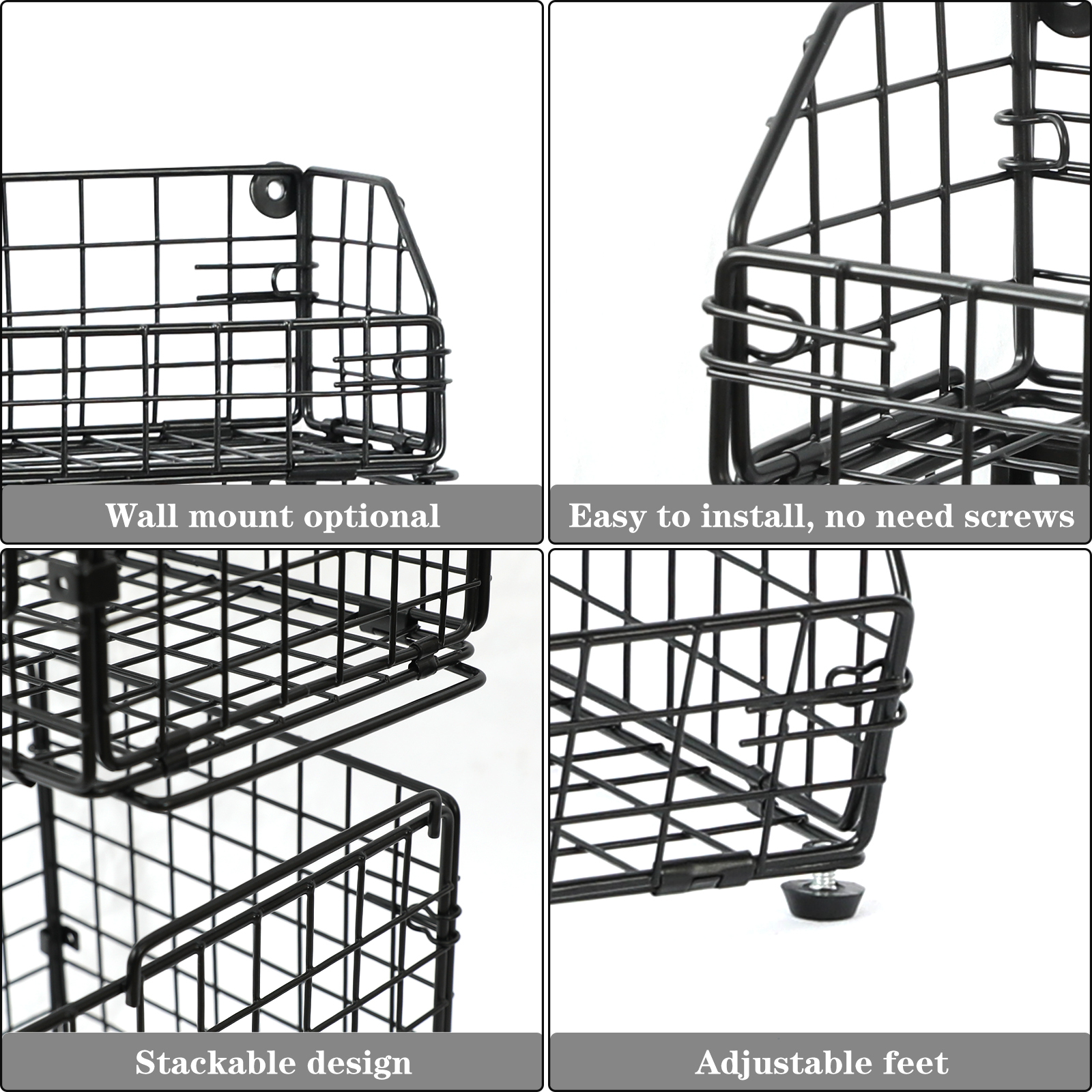 3 Tier Fruit and Vegetable Basket Wall-Mounted & Countertop Organizer for Potato Onion Stackable Wire Baskets