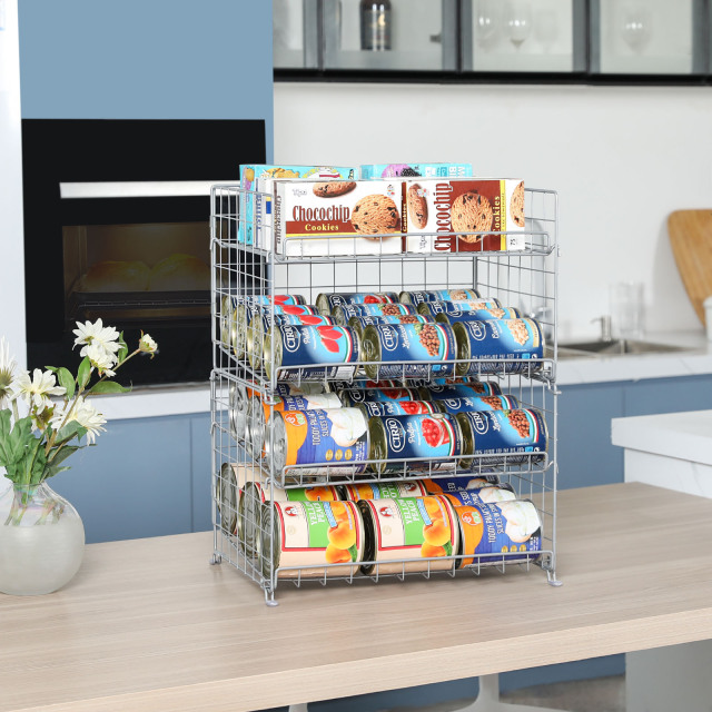 4-Tier Can Storage Rack for Kitchen Cabinet Pantry, Multifunctional Can Dispenser for Storing Canned Snacks Drinks and More,Silver