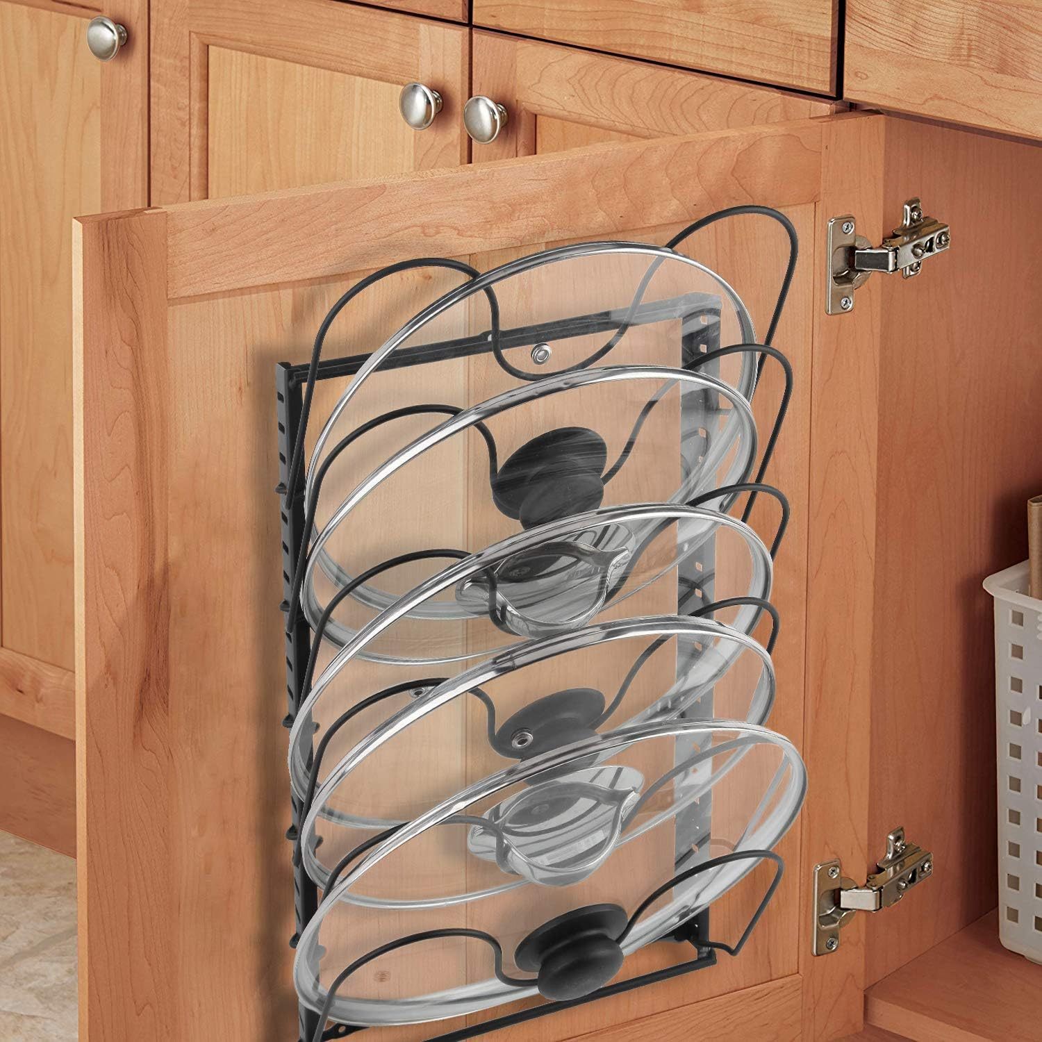 Multifunctinal Black Metal Adjustable Heights Kitchen Pot Lid Organizer Rack