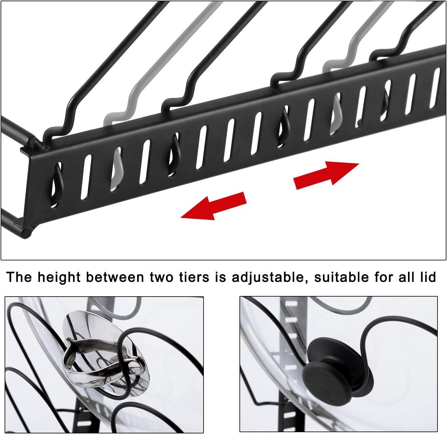 Multifunctinal Black Metal Adjustable Heights Kitchen Pot Lid Organizer Rack