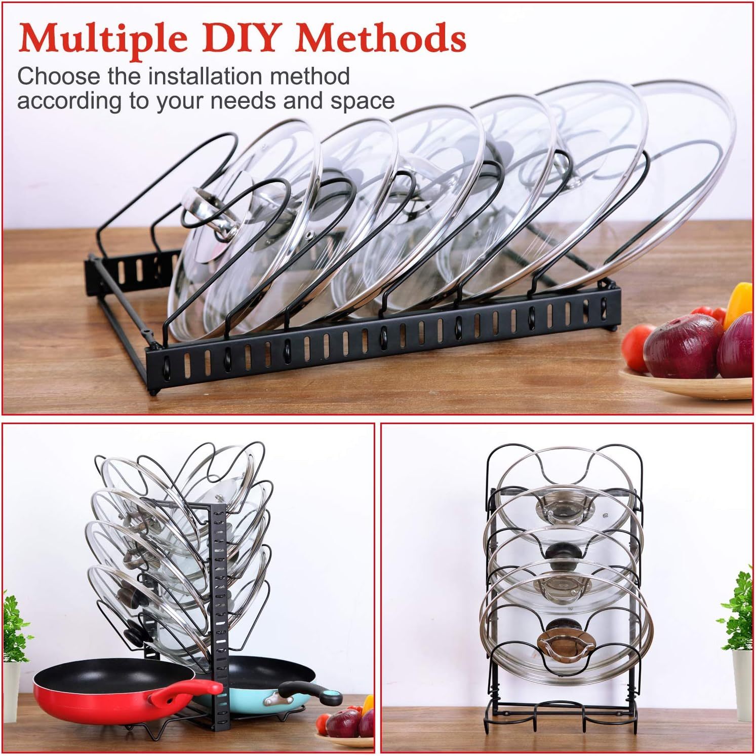 Multifunctinal Black Metal Adjustable Heights Kitchen Pot Lid Organizer Rack