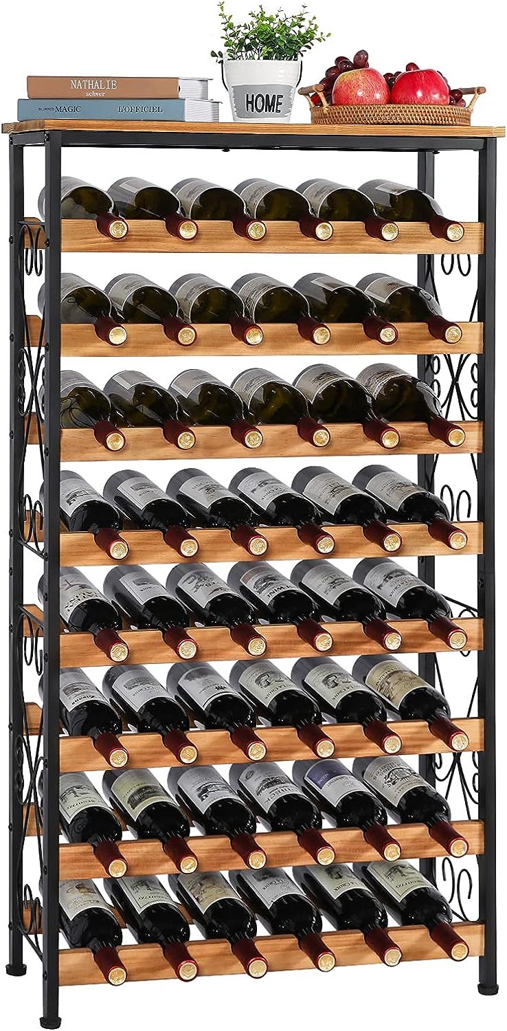 8 Bottles Floor Wine Rack Wood Top Freestanding Wine Bottle Organizer Shelf