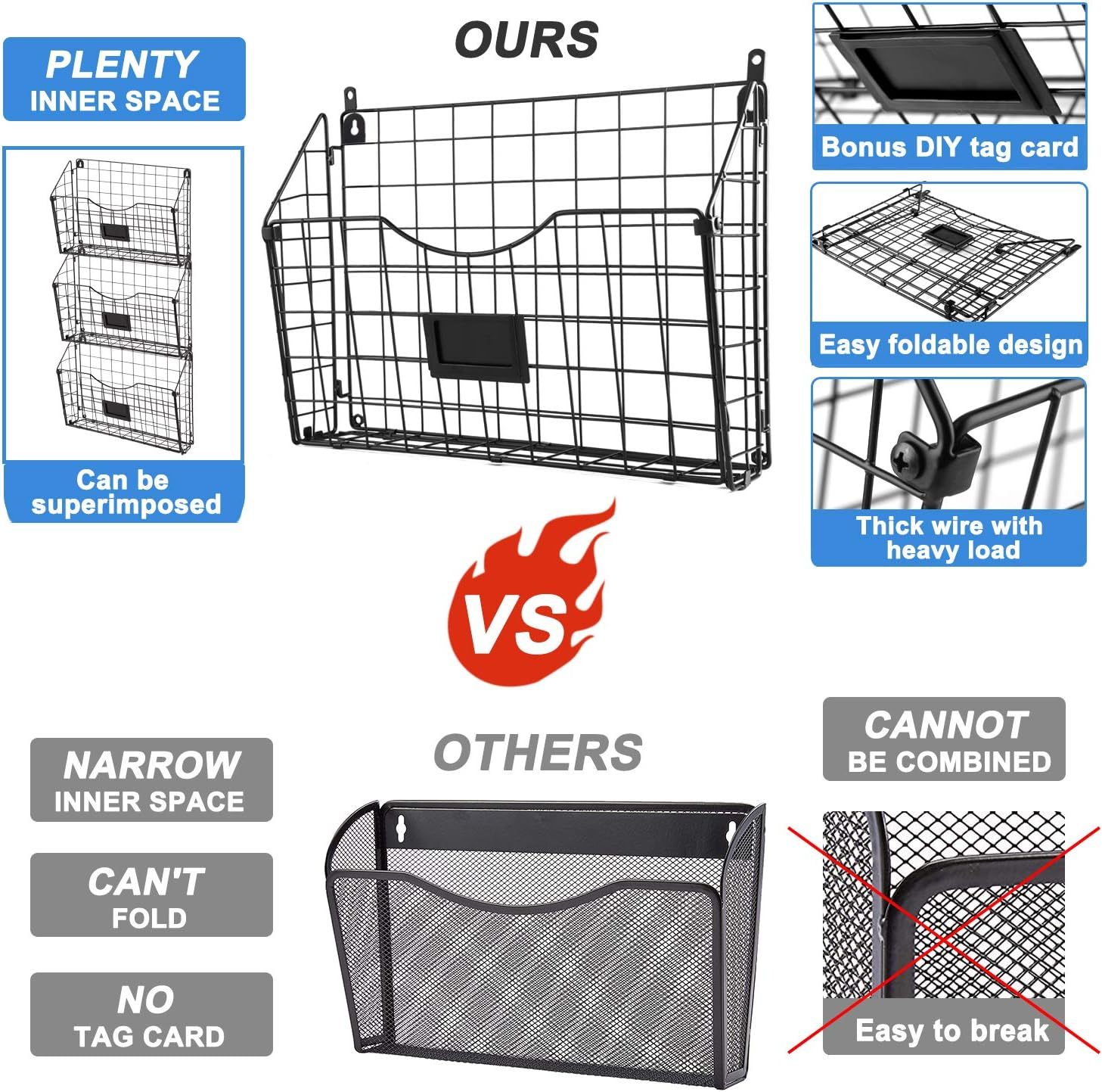 Stackable Hanging Wall Files Rack&3-Tier Metal Folder Wall File Holder