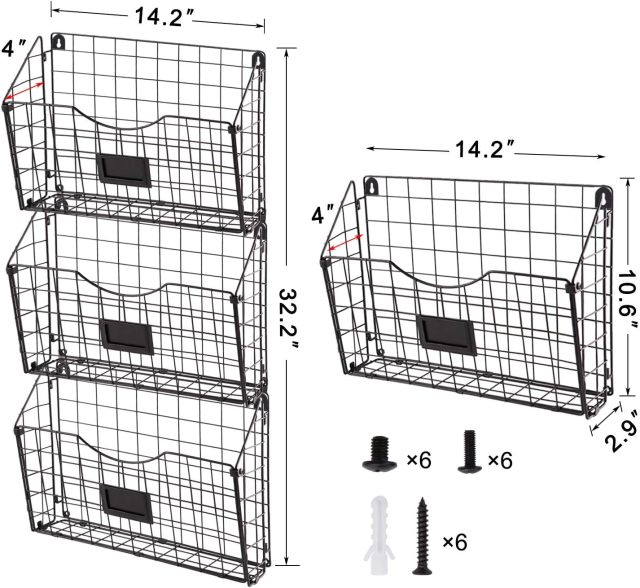 Stackable Hanging Wall Files Rack&3-Tier Metal Folder Wall File Holder