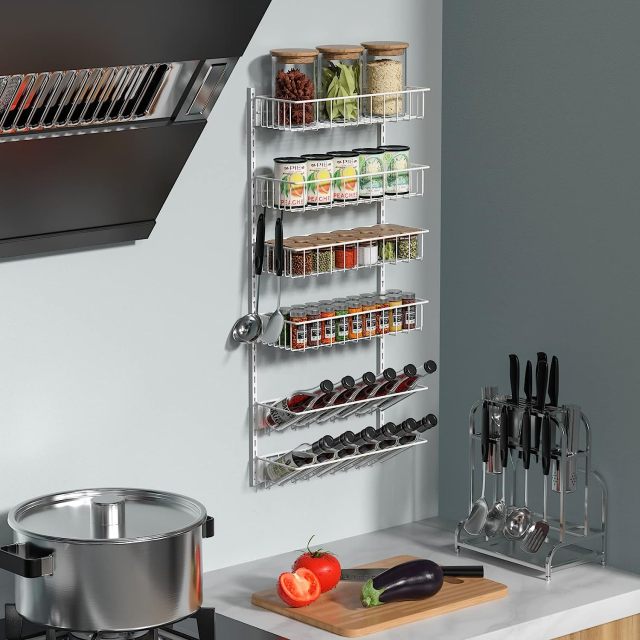 6 Tier Hanging Height-Adjustable Wire Spice Shelves Seasoning Holder Rack