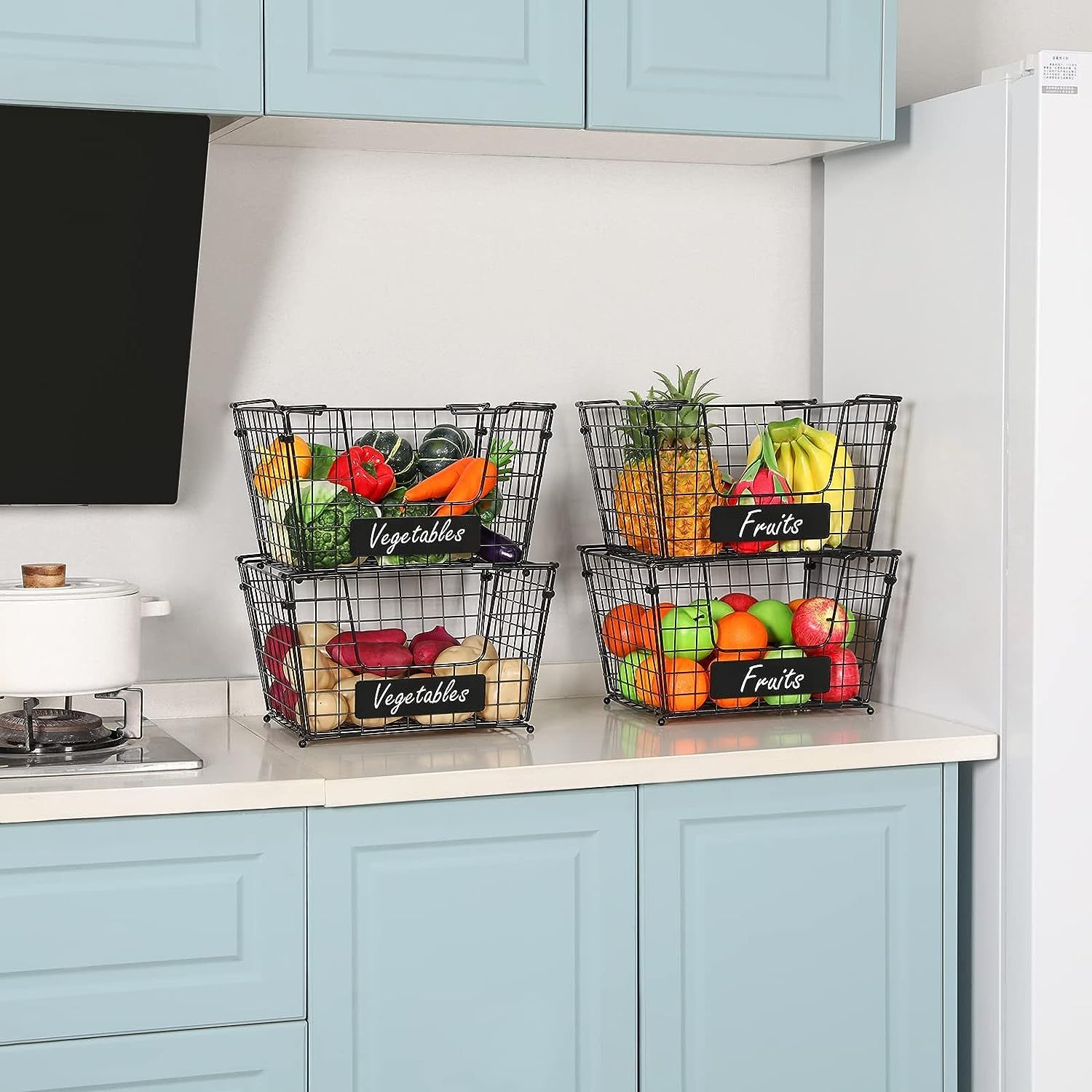 XXXL Size 4 Pack Stackable Fruits Vegetables Storage Basket with Name Plate