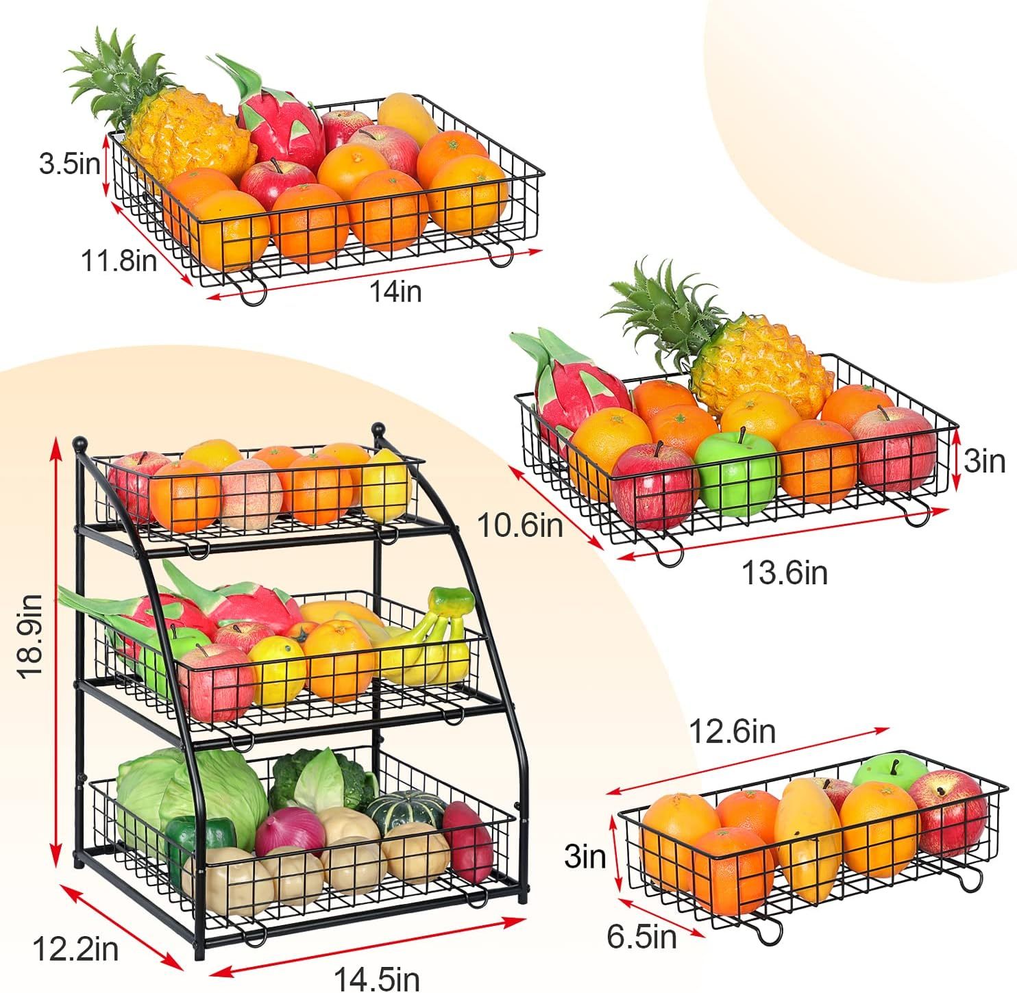 3-tier Large Capacity Fruit Bowl Baskets for Kitchen Counter, Wire Baskets for Storage of Snack Produce Potato Onion
