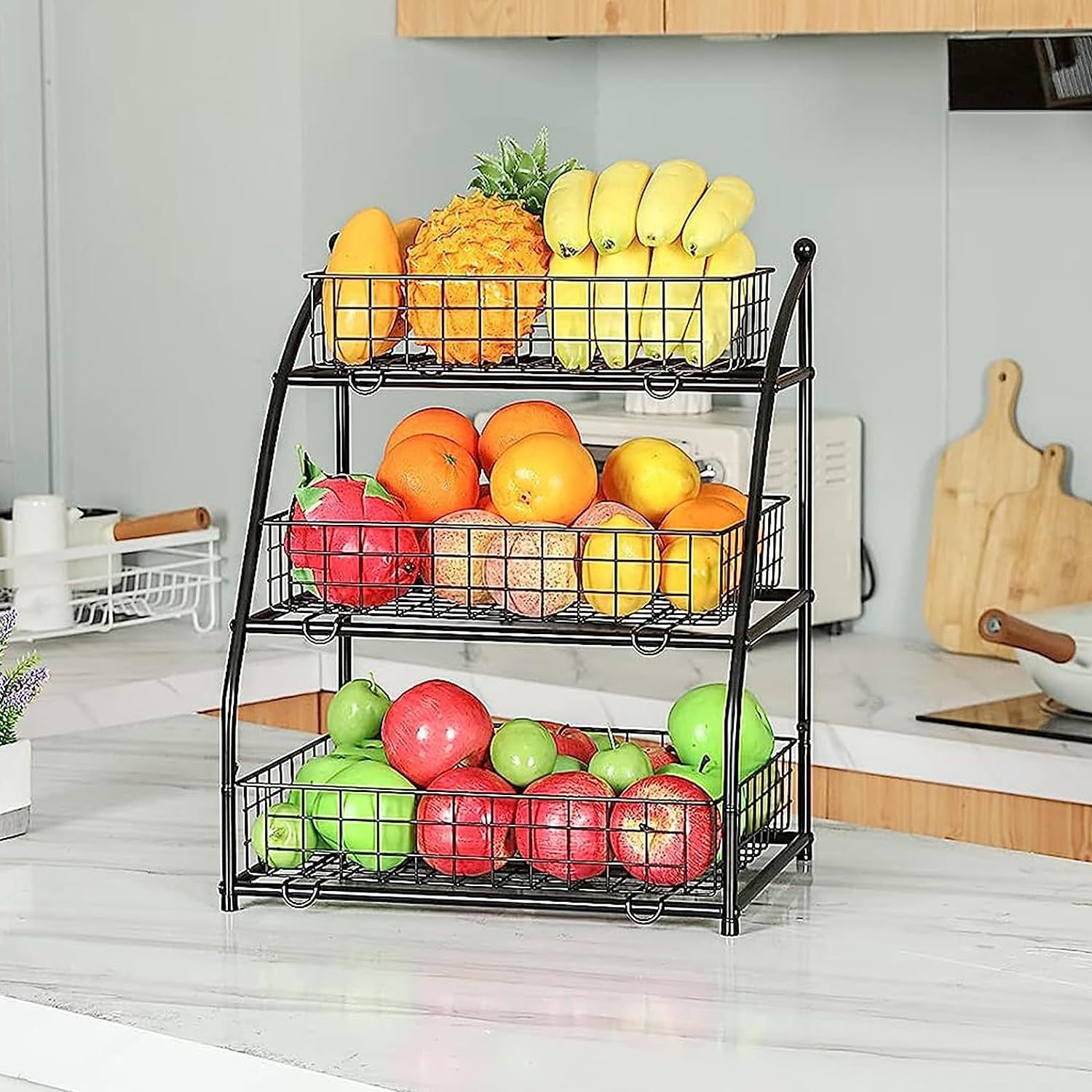 3-tier Large Capacity Fruit Bowl Baskets for Kitchen Counter, Wire Baskets for Storage of Snack Produce Potato Onion