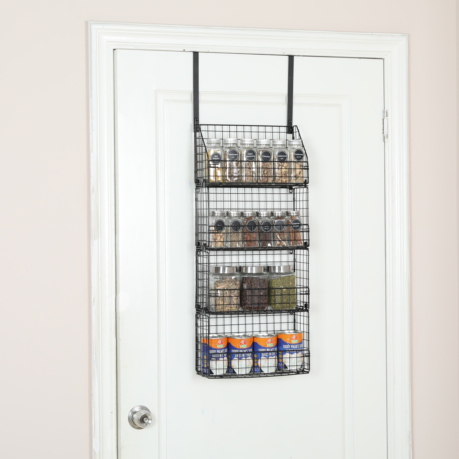 Over The Door Organizer - 4-Tier Pantry Door Organizer Hanging Storage Rack & Detachable And Foldable Metal Seasoning Spice Basket