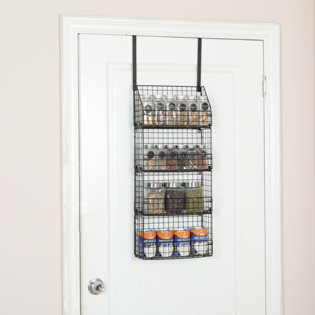 Over The Door Organizer - 4-Tier Pantry Door Organizer Hanging Storage Rack & Detachable And Foldable Metal Seasoning Spice Basket