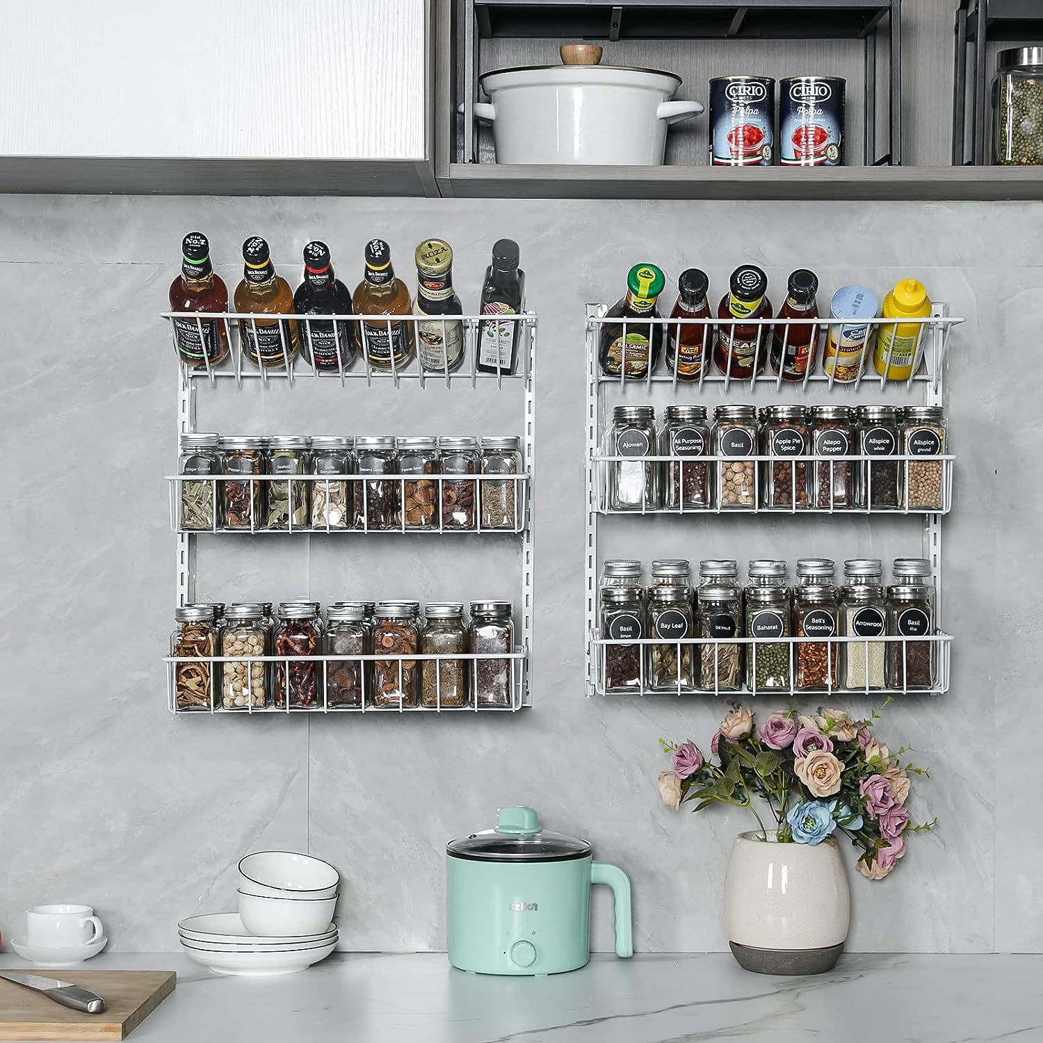 6 Tier Hanging Height-Adjustable Wire Spice Shelves Seasoning Holder Rack