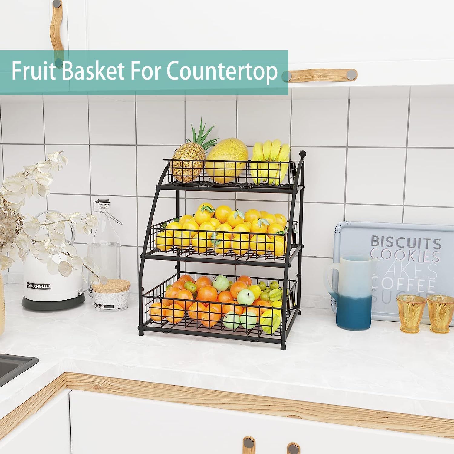 3-tier Large Capacity Fruit Bowl Baskets for Kitchen Counter, Wire Baskets for Storage of Snack Produce Potato Onion