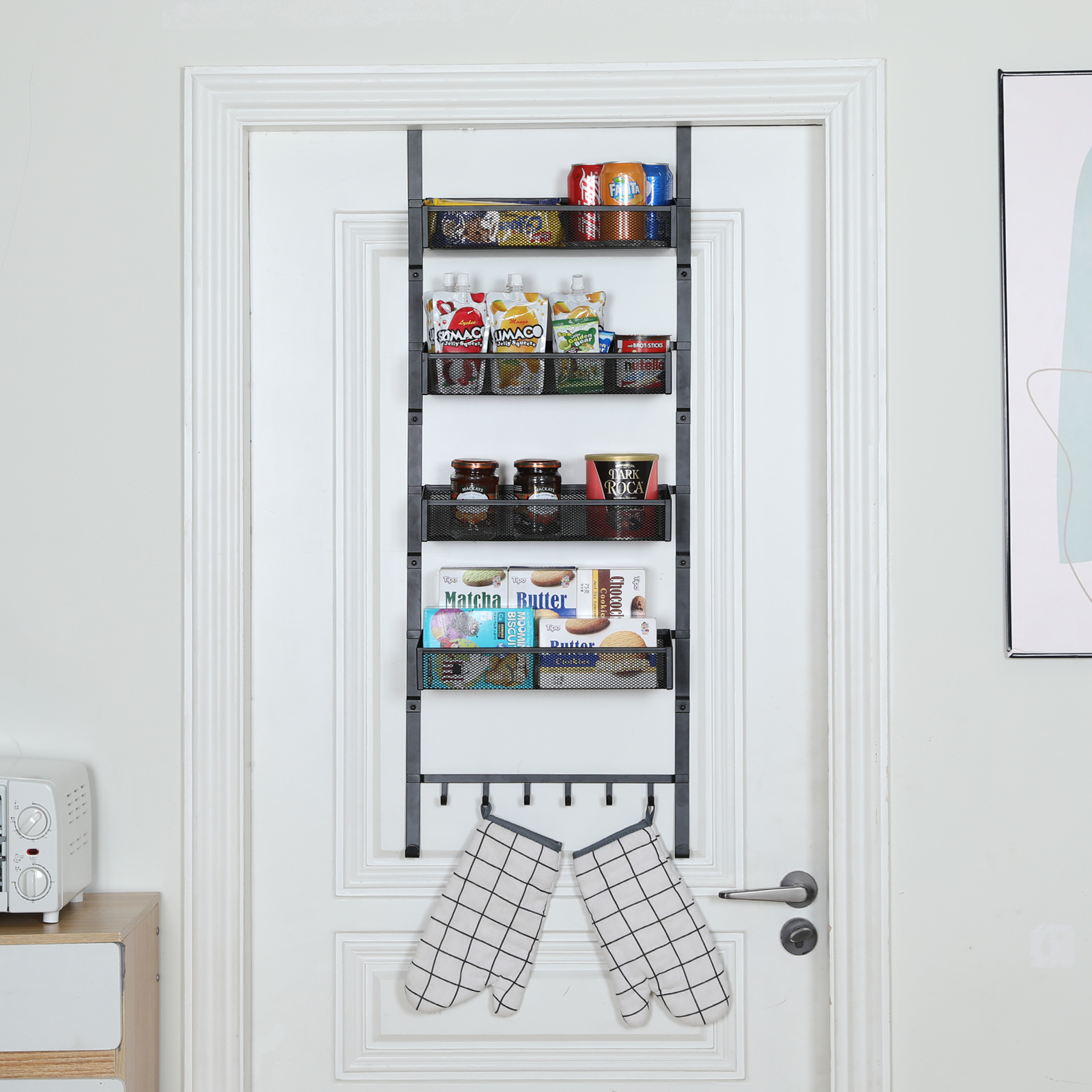 5-Tier Pantry Over the Door Spice Racks  with 4 Baskets & 6 Hooks
