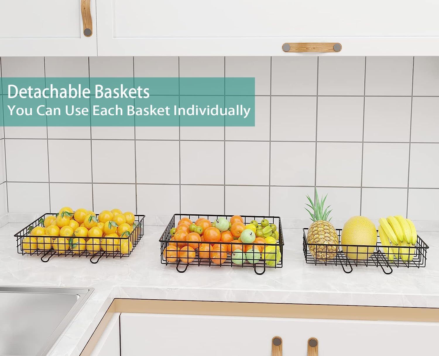 3-tier Large Capacity Fruit Bowl Baskets for Kitchen Counter, Wire Baskets for Storage of Snack Produce Potato Onion