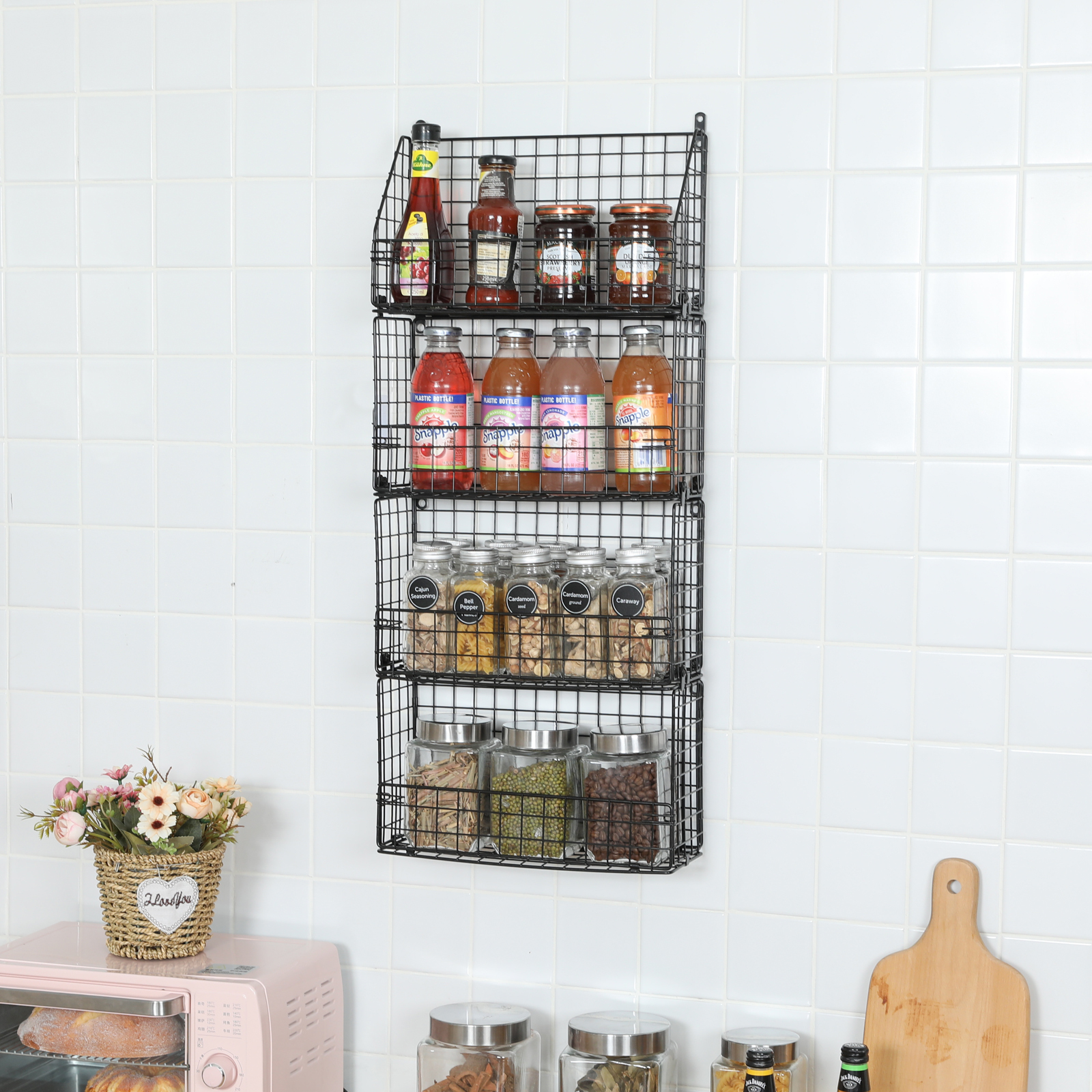 Over The Door Organizer - 4-Tier Pantry Door Organizer Hanging Storage Rack & Detachable And Foldable Metal Seasoning Spice Basket
