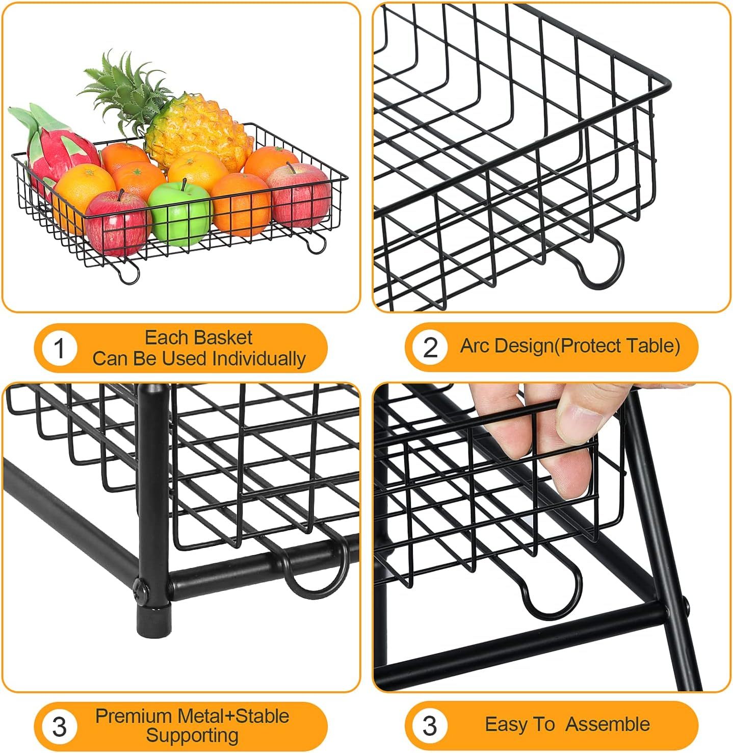 3-tier Large Capacity Fruit Bowl Baskets for Kitchen Counter, Wire Baskets for Storage of Snack Produce Potato Onion