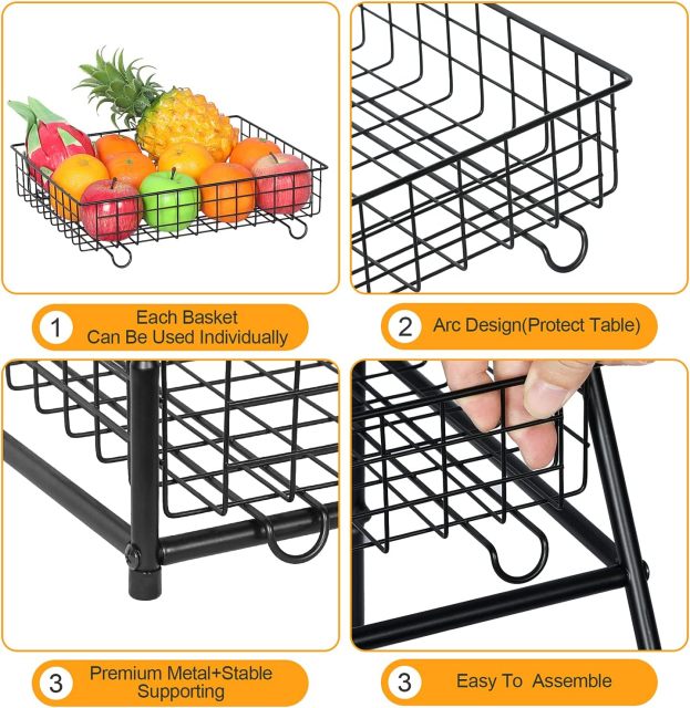 3-tier Large Capacity Fruit Bowl Baskets for Kitchen Counter, Wire Baskets for Storage of Snack Produce Potato Onion