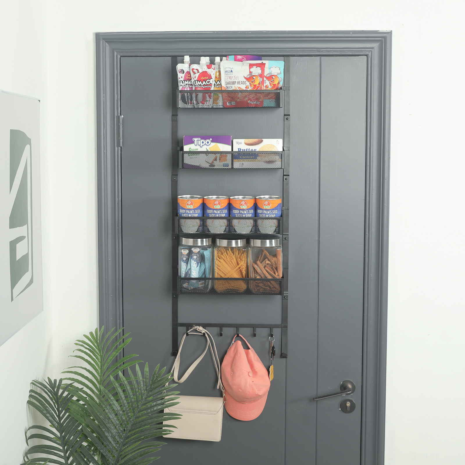 5-Tier Pantry Over the Door Spice Racks  with 4 Baskets & 6 Hooks