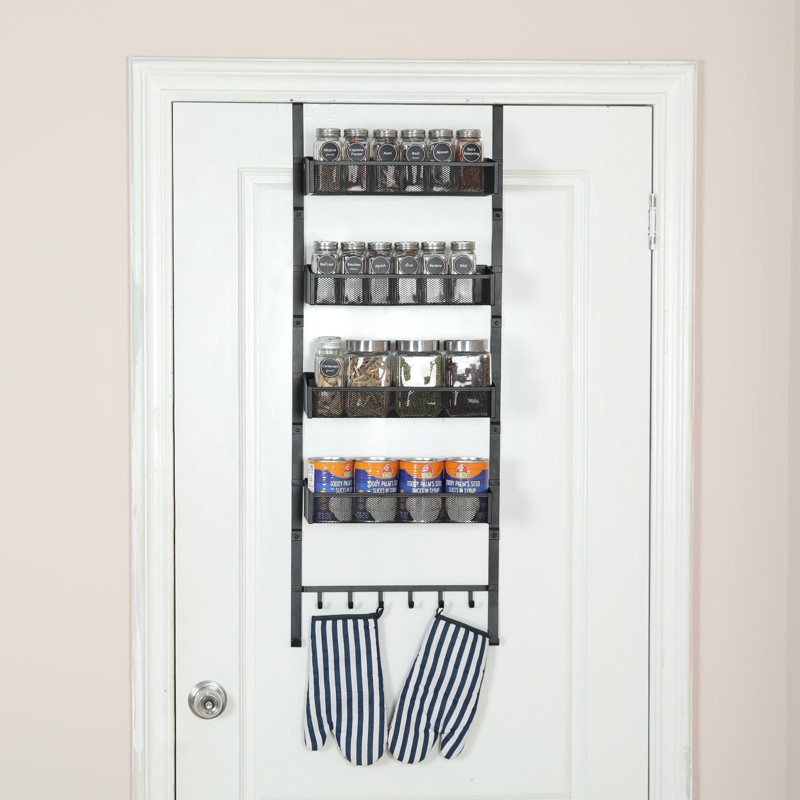 5-Tier Pantry Over the Door Spice Racks  with 4 Baskets & 6 Hooks