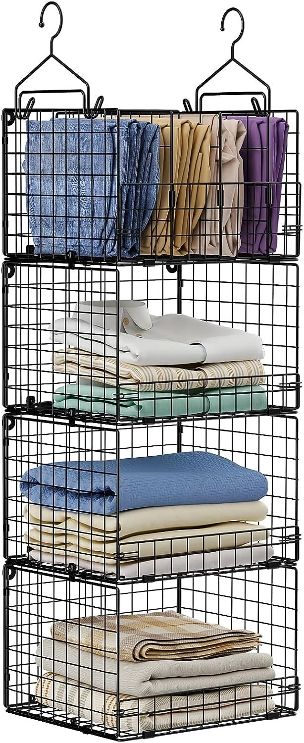 4 Tire Hanging Closet Organizer Stackable Storage Clothes Hanging Shelves With 3 Dividers