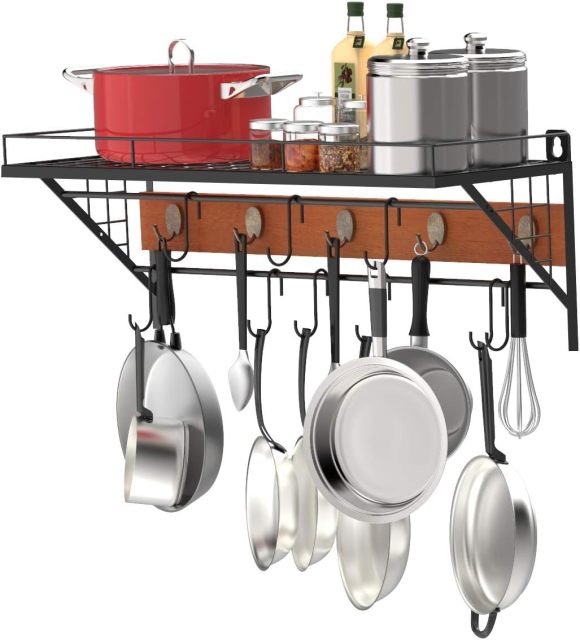Wall Mount Pot Rack Storage Organizer 2 Tier Hanging Rails with 10 Hooks