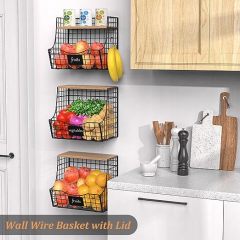 Counter&Wall Mounted Pantry 3 Pack Fruit Basket for Kitchen with Wood Lid