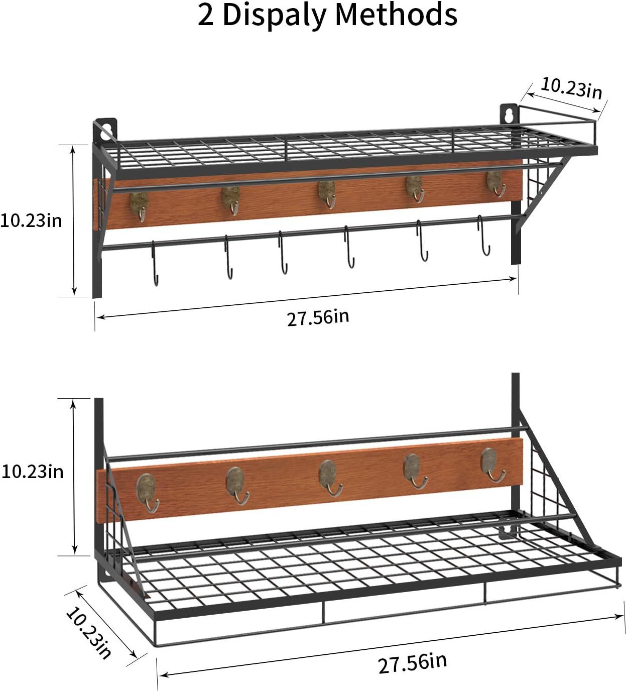 Wall Mount Pot Rack Storage Organizer 2 Tier Hanging Rails with 10 Hooks
