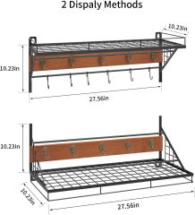Wall Mount Pot Rack Storage Organizer 2 Tier Hanging Rails with 10 Hooks
