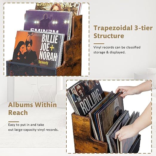 Stepped 3 Tier Record Crate Wooden Album Storage Desktop Organizer Box for Vinyl
