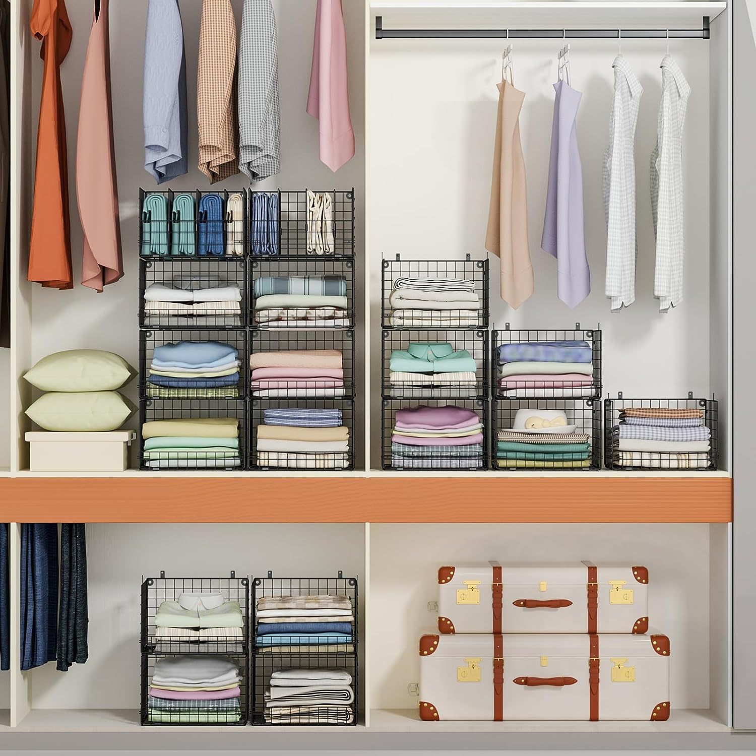 4 Tire Hanging Closet Organizer Stackable Storage Clothes Hanging Shelves With 3 Dividers
