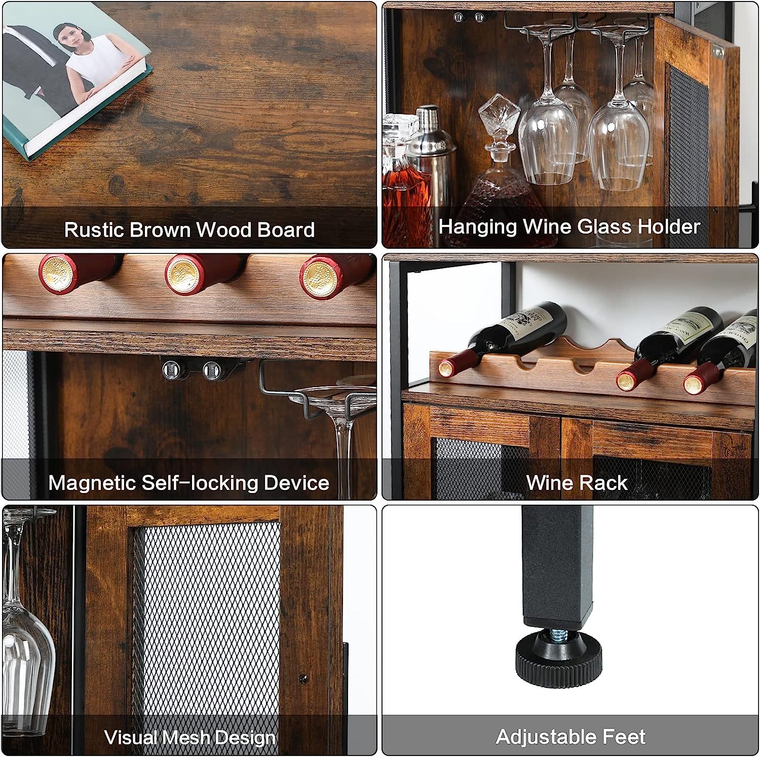 Wine Bar Rack Cabinet Detachable Wine Rack Coffee Bar Cabinet with Glass Holder