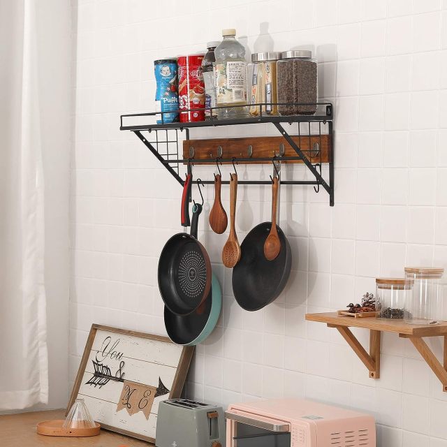 Wall Mount Pot Rack Storage Organizer 2 Tier Hanging Rails with 10 Hooks