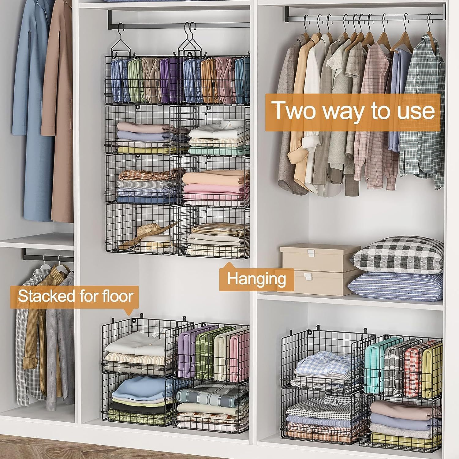 4 Tire Hanging Closet Organizer Stackable Storage Clothes Hanging Shelves With 3 Dividers