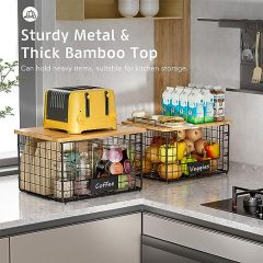 2 Pack Stackable Kitchen Organization Wire Baskets with Bamboo Top for Pantry Organizers and Storage