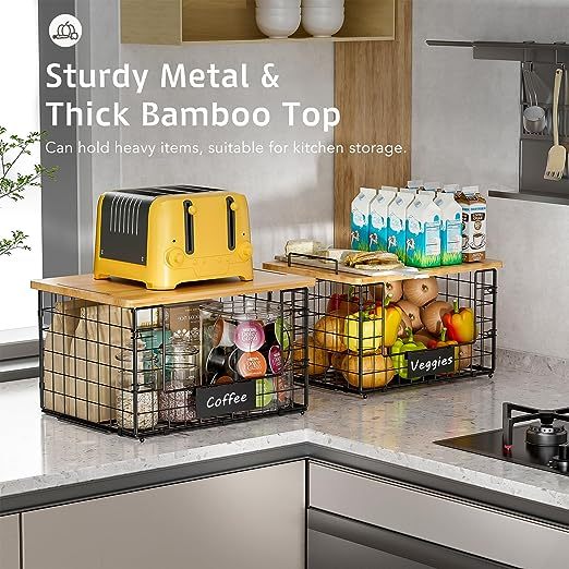 2 Pack Stackable Kitchen Organization Wire Baskets with Bamboo Top for Pantry Organizers and Storage