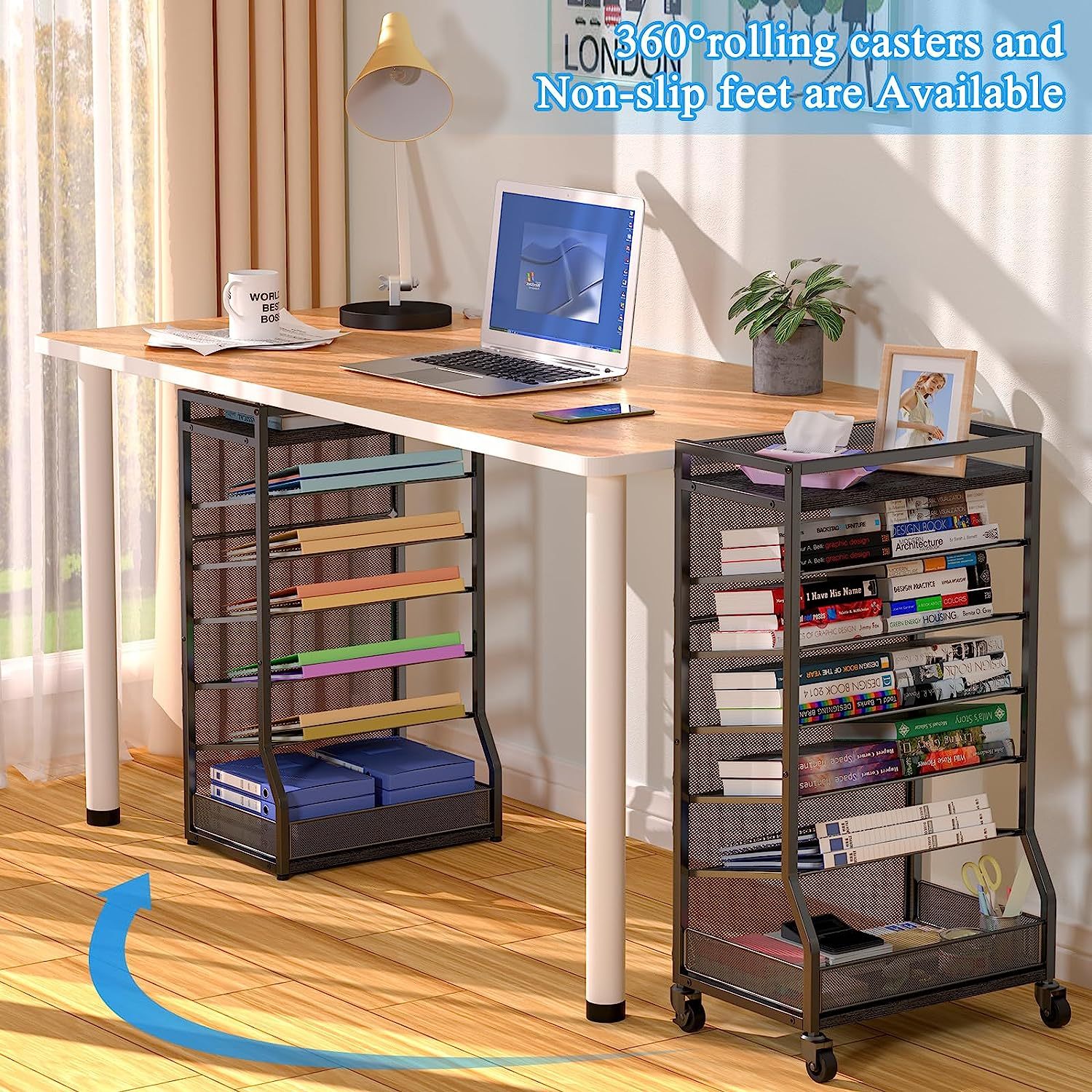 7 Tier File Organizer Beside Desk Rolling File Cart with Sliding Trays