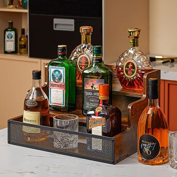 3 Step Countertop Liquor Bottle Display Shelf Retro Wine Rack for Home Bar Kitchen