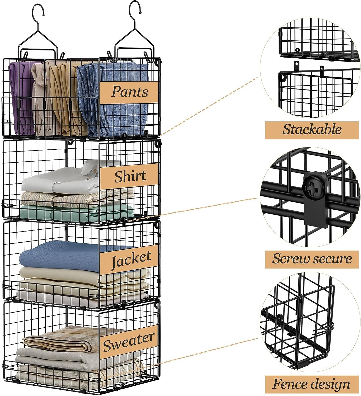 4 Tire Hanging Closet Organizer Stackable Storage Clothes Hanging Shelves With 3 Dividers