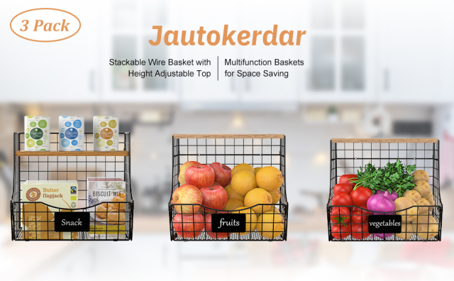 Counter&Wall Mounted Pantry 3 Pack Fruit Basket for Kitchen with Wood Lid