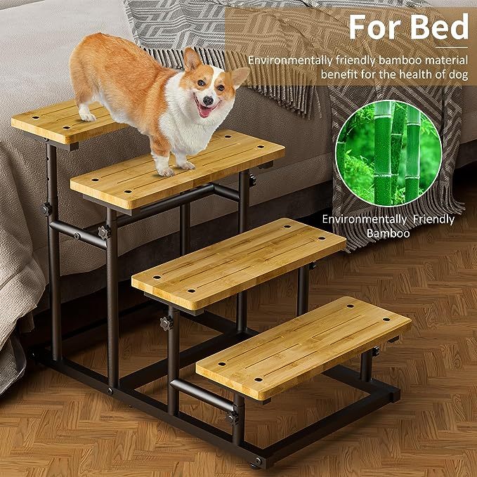 Adjustable 4 or 3 Ladder Bamboo Pet Dog Stairs Dog Step for High Beds or Couch