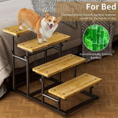 Adjustable 4 or 3 Ladder Bamboo Pet Dog Stairs Dog Step for High Beds or Couch