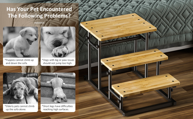 Adjustable 4 or 3 Ladder Bamboo Pet Dog Stairs Dog Step for High Beds or Couch