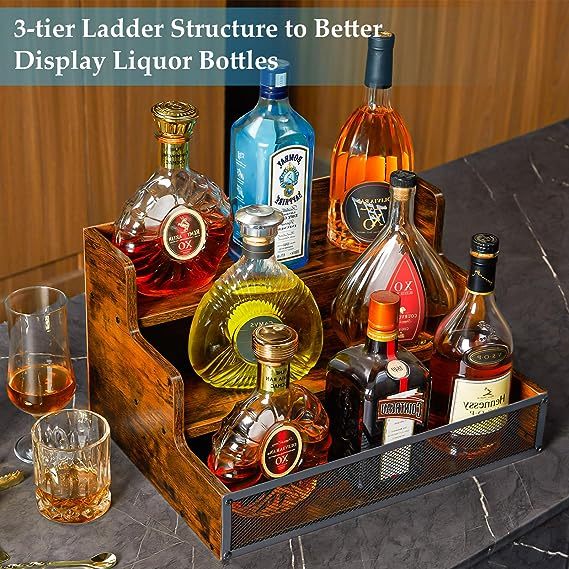 3 Step Countertop Liquor Bottle Display Shelf Retro Wine Rack for Home Bar Kitchen